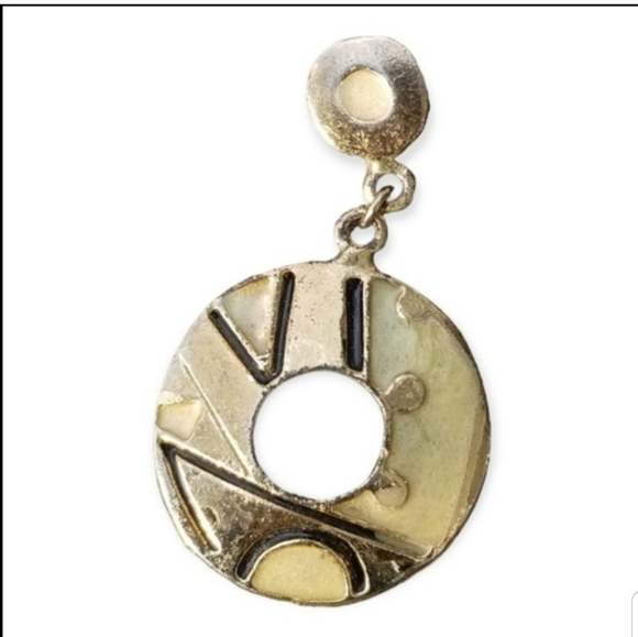 80S GEOMETRIC SHAPES ENAMEL & GOLDTONE DROP EARRINGS - Picture 2 of 4